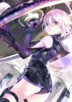  119 1girl armor ass back breasts brown_eyes elbow_gloves erect_nipples fate/grand_order fate_(series) gloves highres holding_shield looking_at_viewer parted_lips purple_hair shield shielder_(fate/grand_order) short_hair solo 