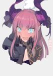  1girl blue_eyes blush fate/extella fate/extra fate_(series) full-face_blush highres horns lancer_(fate/extra_ccc) long_hair looking_at_viewer open_mouth pointy_ears purple_hair solo sweatdrop walzrj 