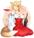  &gt;;d 1girl ;d alcohol animal_ears bare_shoulders blonde_hair bottle breasts cleavage collarbone cup fox_ears fox_tail hakama highres japanese_clothes large_breasts long_hair looking_at_viewer mayoyara off_shoulder one_eye_closed open_mouth original ribbon-trimmed_sleeves ribbon_trim sakazuki sake sake_bottle sitting smile solo tail wide_sleeves yellow_eyes 