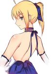  1girl ahoge bare_back bare_shoulders blonde_hair choker cropped_arms dress dyxm elbow_gloves fate/stay_night fate_(series) from_behind gloves green_eyes hair_ribbon looking_back open-back_dress ponytail ribbon saber saber_lily sketch solo white_background 