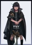  1boy absurdres black_hair blue_eyes cape character_name copyright_name final_fantasy final_fantasy_xv harunathunder_(neruneruzzz) highres looking_at_viewer noctis_lucis_caelum socks solo sword weapon younger 