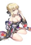  1girl bare_shoulders blonde_hair blush breasts cleavage fate/stay_night fate_(series) ganik_(pisshine) japanese_clothes kimono looking_at_viewer open_clothes open_kimono saber saber_alter simple_background sitting solo white_background yellow_eyes 