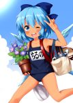  1girl ;d arm_up backpack bag ball bangs bare_arms bare_legs bare_shoulders blue_bow blue_eyes blue_flower blue_hair blue_sky blue_swimsuit blush bow character_name cirno clouds collarbone commentary_request day eyebrows_visible_through_hair feet_out_of_frame flower flower_pot hair_between_eyes hair_bow highres holding ice ice_wings looking_at_viewer name_tag one-piece_swimsuit one_eye_closed open_mouth outdoors purple_flower ruu_(tksymkw) school_swimsuit short_hair sky smile soccer_ball solo swimsuit tanned_cirno thighs touhou translated v v-shaped_eyebrows wings 