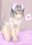  1girl absurdres all_fours animal_ears bangs blush bottomless brown_eyes closed_mouth dress_shirt full_body grey_hair hair_between_eyes heart highres kneeling looking_at_viewer mouse_ears mouse_tail nazrin netamaru on_bed shirt short_hair smile solo spoken_heart tail touhou v_arms white_shirt 