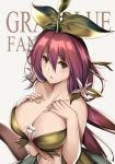  1girl bangs bare_arms bare_shoulders breast_suppress breasts brown_hair cleavage collarbone copyright_name flower granblue_fantasy hair_between_eyes hair_flower hair_ornament highres large_breasts leaf leaf_on_head long_hair looking_at_viewer low_twintails navel parted_lips plant_girl redhead solo tony_guisado twintails upper_body yggdrasill_(granblue_fantasy) 