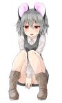  &gt;:o 1girl :o absurdres animal_ears bangs blush boots brown_boots covering covering_crotch cross-laced_footwear grey_hair grey_skirt grey_vest hair_between_eyes highres knees_up lace-up_boots long_sleeves looking_at_viewer mouse_ears nazrin netamaru parted_lips short_hair sitting skirt skirt_set solo touhou v_arms vest 
