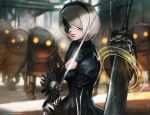  1girl black_dress black_gloves black_hairband black_legwear blindfold breasts chains cleavage cleavage_cutout closed_mouth covered_eyes dress gloves greatsword hair_over_one_eye hairband holding holding_sword holding_weapon huge_weapon juliet_sleeves katana lips long_sleeves medium_breasts nier_(series) nier_automata pink_lips puffy_sleeves robot short_hair silver_hair solo sword timothy_kong turtleneck unsheathed upper_body vambraces weapon weapon_on_back yorha_no._2_type_b yorha_unit_no._2_type_b 