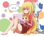  ... 2girls air_0497 barefoot blonde_hair brown_eyes brown_hair company_connection computer crossover doma_umaru douga_koubou feet food gabriel_dropout hair_ornament himouto!_umaru-chan jacket komaru laptop legs_crossed long_hair long_sleeves multiple_girls naked_track_jacket spoken_ellipsis tenma_gabriel_white toes track_jacket trait_connection very_long_hair 