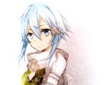  1girl blue_eyes blue_hair breasts cleavage hair_between_eyes hair_ornament hairclip looking_at_viewer scarf shinon_(sao) short_hair_with_long_locks solo sword_art_online tsukimori_usako upper_body white_scarf 