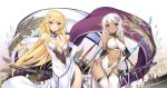  2girls 47agdragon :o bangs bare_shoulders blonde_hair breasts cowboy_shot crescent crescent_hair_ornament dark_elf detached_sleeves dress elf flag flower hair_flower hair_ornament hand_on_hip katana long_hair looking_at_viewer maou_to_an_mattari_yuttari_seikaiseifuku medium_breasts multiple_girls navel parted_lips pelvic_curtain pointy_ears red_eyes scabbard sheath sheathed side_slit sidelocks small_breasts smile sword thigh-highs very_long_hair violet_eyes weapon white_dress white_hair white_legwear 