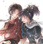  2boys ^_^ black_hair brown_hair closed_eyes earrings japanese_clothes jewelry kashuu_kiyomitsu male_focus mole mole_under_eye mole_under_mouth multiple_boys open_mouth petals ponytail scarf smile suzuneko-rin touken_ranbu yamato-no-kami_yasusada 