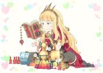  alchemy bangs blonde_hair blunt_bangs blush_stickers book boots bracelet brown_eyes cagliostro_(granblue_fantasy) cape coal commentary_request crown fire floating_object funnel gomennasai granblue_fantasy grin hand_on_own_chin heart indian_style jewelry long_hair mushroom potion reading red_cape short_sleeves sitting slimy smile solo star test_tube test_tube_rack thigh-highs vial white_background wrist_guards 