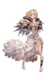  barefoot blonde_hair brown_eyes capelet dagger djeeta_(granblue_fantasy) dress full_body granblue_fantasy holding holding_skirt holding_weapon long_dress looking_at_viewer minaba_hideo serious short_hair solo standing transparent_background weapon 