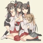  4girls ahoge arm_warmers black_gloves black_hair black_legwear blue_eyes blush braid breasts brown_eyes brown_hair detached_sleeves double_bun eyebrows_visible_through_hair fingerless_gloves fusou_(kantai_collection) girl_sandwich gloves hair_between_eyes hair_flaps hair_ornament hair_over_shoulder headgear hug japanese_clothes kantai_collection long_hair looking_at_viewer medium_breasts michishio_(kantai_collection) miniskirt multiple_girls nontraditional_miko obi open_mouth pleated_skirt r_left red_eyes red_skirt remodel_(kantai_collection) sandwiched sash school_uniform serafuku shigure_(kantai_collection) short_hair single_braid sitting skirt white_legwear yamashiro_(kantai_collection) 