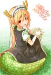  1girl arm_support black_dress blush breasts brown_eyes brown_hair copyright_name dragon_girl dragon_horns dragon_tail dress eyebrows_visible_through_hair frilled_sleeves frills from_above from_behind gloves grass hair_between_eyes head_tilt highres horns kobayashi-san_chi_no_maidragon large_breasts long_hair looking_back maid maid_headdress matching_hair/eyes open_mouth puffy_short_sleeves puffy_sleeves sekiyu. short_sleeves sitting slit_pupils solo tail tooru_(maidragon) twintails very_long_hair white_background white_gloves white_legwear 