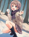  1girl black_legwear blue_eyes blurry blush boots brown_hair coat depth_of_field hair_ornament hairclip highres kneehighs looking_at_viewer love_live! love_live!_sunshine!! nanotsuki open_mouth outdoors pleated_skirt round_teeth scarf shoes short_hair skirt smile snow snowball snowball_fight snowing solo squatting teeth tree watanabe_you winter winter_clothes winter_coat 
