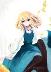  1girl absurdres alice_margatroid alternate_costume blonde_hair dress fate/stay_night fate_(series) feet flower green_eyes highres looking_at_viewer pantyhose push!_(pushmylove) saber short_hair solo touhou 