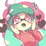  1girl aqua_hair beanie commentary_request domino_mask fangs hands_on_own_face hat heart heart-shaped_pupils inkling lowres mask nana_(raiupika) pink_eyes splatoon symbol-shaped_pupils tentacle_hair 