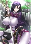 1girl angelo_(gomahangetsu) between_breasts bodysuit breasts fate/grand_order fate_(series) highres huge_breasts katana long_hair minamoto_no_raikou_(fate/grand_order) purple_hair smile solo sword thick_thighs thighs very_long_hair violet_eyes weapon
