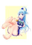  :p aqua(konosuba) aqua_(konosuba) bare_shoulders barefoot blue_eyes blue_hair blue_skirt bow breast_hold breasts detached_sleeves feet full_body green_bow hair_ornament highres kono_subarashii_sekai_ni_shukufuku_wo! leafar long_hair looking_at_viewer medium_breasts skirt soles solo toes tongue tongue_out very_long_hair 