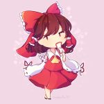  1girl ascot blush bow brown_hair chibi covering_mouth detached_sleeves hair_bow hair_tubes hakurei_reimu large_bow looking_at_viewer nanneichii ofuda red_eyes signature skirt skirt_set solo touhou vest 