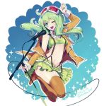  1girl 2016 :d ;) ;d alternate_costume arm_up blush_stickers breasts dated frilled_skirt frills full_body goggles goggles_on_head green_eyes green_hair gumi jacket manbou_no_ane megpoid_(vocaloid3) microphone navel off_shoulder one_eye_closed open_clothes open_jacket open_mouth orange_legwear short_hair skirt smile suspender_skirt suspenders thigh-highs twitter_username under_boob vocaloid 