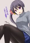  &gt;:o 1girl :o akebono_(kantai_collection) alternate_costume bell black_legwear blue_skirt casual commentary_request flower fuuma_nagi grey_background grey_hair grey_sweater hair_bell hair_flower hair_ornament jingle_bell kantai_collection long_hair open_mouth pleated_skirt shitty_admiral_(phrase) side_ponytail simple_background sitting skirt solo sweater translation_request twitter_username very_long_hair violet_eyes 