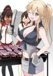  0_0 3girls akagi_(kantai_collection) alternate_hairstyle barbecue belt black_legwear blonde_hair blue_eyes blush_stickers breasts brown_hair cleavage commentary_request covering_mouth food front-tie_top garter_straps gloves grill hip_vent iowa_(kantai_collection) kaga_(kantai_collection) kantai_collection large_breasts long_hair masukuza_j miniskirt multiple_girls no_headgear open_mouth ponytail red_skirt skirt sparkle star star-shaped_pupils steak symbol-shaped_pupils tongs white_legwear yamato_(kantai_collection) 