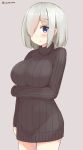  1girl alternate_costume blue_eyes breast_hold breasts chaa_(korone-ze) cowboy_shot hair_over_one_eye hamakaze_(kantai_collection) highres kantai_collection large_breasts looking_at_viewer ribbed_sweater short_hair silver_hair sleeves_past_wrists sweater turtleneck_sweater 