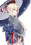  1girl :d alternate_costume alternate_hairstyle blonde_hair blue_eyes braid character_name commentary_request floral_print flower from_side hair_flower hair_ornament highres holding holding_umbrella japanese_clothes kantai_collection kimono long_sleeves looking_at_viewer looking_to_the_side new_year open_mouth oriental_umbrella ponytail rokuwata_tomoe sash smile solo umbrella upper_body warspite_(kantai_collection) wide_sleeves 