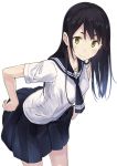  1girl bangs black_hair black_skirt blush breasts closed_mouth green_eyes hand_on_hip hiwatari_rin leaning_forward long_hair looking_at_viewer medium_breasts original pleated_skirt school_uniform serafuku simple_background skirt smile solo white_background 