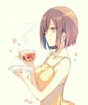  1girl artist_name beige_background blush breasts brown_hair camisole cup dated from_side holding holding_cup holding_plate medium_breasts original plate reia saucer short_hair simple_background sketch smile solo steam tea teacup yellow_eyes 