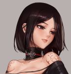  1girl brown_eyes choker collarbone dungeon_and_fighter eyelashes female_priest_(dungeon_and_fighter) lips looking_down looking_to_the_side medium_hair mistress_(dungeon_and_fighter) monaim original simple_background smile solo tattoo 