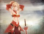  1girl armor arms_behind_head artist_request blonde_hair breasts clarent cleavage elbow_gloves fate/grand_order fate_(series) faulds gloves green_eyes grin looking_at_viewer midriff navel saber_of_red short_ponytail small_breasts smile solo source_request sword thigh-highs under_boob weapon 