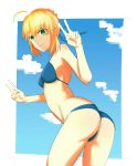  1girl ahoge ass bikini blonde_hair blue_bikini breasts clouds double_v fate_(series) from_below green_eyes groin hair_ribbon highres looking_at_viewer ribbon saber sketch smile solo swimsuit v 