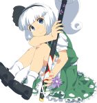  1girl bloomers blue_eyes blush bob_cut collared_shirt flower hairband head_rest highres katana konpaku_youmu looking_at_viewer mary_janes monosenbei puffed_cheeks puffy_short_sleeves puffy_sleeves scabbard sheath shirt shoes short_hair short_sleeves sitting skirt skirt_set smile socks solo sword touhou underwear vest weapon white_hair 