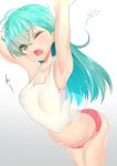  1girl aqua_eyes aqua_hair arched_back armpits bare_arms bending_forward breasts cleavage erect_nipples hair_ornament hairclip kantai_collection long_hair looking_at_viewer one_eye_closed open_clothes panties red_panties satou_pikuta see-through shiny shiny_skin sleepwear solo stretch suzuya_(kantai_collection) tank_top thighs tongue underwear waking_up wavy_mouth yawning 