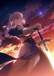  1girl absurdres ahoge armor armored_dress blonde_hair excalibur fate/stay_night fate_(series) green_eyes hand_on_hilt highres official_art ribbon saber solo sunset sword takeuchi_takashi weapon 