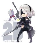  1girl blindfold boots breasts character_name chibi cleavage copyright_name dress highres kuronekozero mole mole_under_mouth nier_(series) nier_automata pod_(nier_automata) silver_hair sword weapon yorha_no._2_type_b yorha_unit_no._2_type_b 