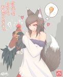  !? 1girl 2017 absurdres animal_ears artist_name bare_shoulders bird black_hair blush_stickers breasts chicken chicken_(food) chicken_leg cleavage commentary_request cowboy_shot cube85 dress drooling eyes_visible_through_hair food grey_background highres holding imaizumi_kagerou long_hair long_sleeves medium_breasts off_shoulder red_eyes shiny shiny_hair shiny_skin signature sleeves_past_wrists slit_pupils solo sparkle thought_bubble tongue tongue_out touhou translated very_long_hair white_dress wolf_ears 