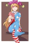  1girl american_flag_dress american_flag_legwear blonde_hair clownpiece dress facepaint feet hat heart highres jester_cap long_hair looking_at_viewer neck_ruff ninonini no_shoes pantyhose polka_dot red_eyes short_dress short_sleeves sitting solo star star_print touhou 