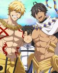  3boys black_hair blonde_hair blue_sky boy_sandwich brown_hair cape closed_eyes dark_skin dark_skinned_male day earrings fate/grand_order fate/prototype fate/prototype:_fragments_of_blue_and_silver fate_(series) fujimaru_ritsuka_(male) gilgamesh grin height_difference highres jewelry male_focus multiple_boys muscle nipples pectorals red_eyes rider_(fate/prototype_fragments) sandwiched shirtless short_hair sky smile staff tattoo uniform youkami 