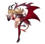  1girl bare_shoulders blonde_hair breasts cleavage demon_tail elbow_gloves full_body fur_trim gloves granblue_fantasy hair_ornament high_heels jewelry long_hair lord_of_vermilion lord_of_vermilion_iii milia_(lord_of_vermilion) minaba_hideo necklace open_mouth panties pointy_ears red_eyes side-tie_panties single_thighhigh single_wing smile solo tail thigh-highs thigh_strap transparent_background underwear wings 