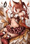  1girl animal_ears armpits bangs bare_shoulders blush breasts cerberus_(shingeki_no_bahamut) closed_mouth collar_removed dog_ears from_side gauntlets granblue_fantasy groin inaba_sunimi layered_skirt long_hair looking_at_viewer looking_to_the_side medium_breasts midriff miniskirt navel over-kneehighs red_eyes red_legwear red_skirt redhead shingeki_no_bahamut sitting skirt smile solo stomach thigh-highs twintails very_long_hair 