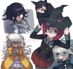  2girls 3boys ahoge android bikini_top black_eyes black_hair blazer blue_eyes bow brown_eyes dangan_ronpa dark_skin ganguro hair_ornament hairclip hat honzumaru horned_headwear hoshi_ryouma jacket keebo long_hair looking_at_viewer low_twintails multiple_boys multiple_girls nervous new_dangan_ronpa_v3 ouma_kokichi pleated_skirt power_armor red_bow red_skirt shaded_face short_hair silver_hair skirt smile sweat tears twintails twitter_username violet_eyes white_hair witch_hat yellow_jacket yonaga_angie yumeno_himiko 