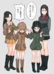  4girls arms_behind_back asymmetrical_bangs bangs black_boots black_hair black_skirt blonde_hair blue_eyes boots braid breasts brown_boots brown_eyes brown_hair brown_jacket closed_eyes comic commentary_request cosplay costume_switch drooling fukuda_(girls_und_panzer) fukuda_(girls_und_panzer)_(cosplay) full_body girls_und_panzer glasses green_background green_jacket grey_background gufu6 hair_between_eyes hands_up hat helmet jacket katyusha katyusha_(cosplay) long_hair long_sleeves looking_at_another medium_breasts military military_hat military_uniform miniskirt multiple_girls new_year nishi_kinuyo nonna open_mouth pleated_skirt red_shirt shirt short_hair short_jumpsuit shorts simple_background skirt sleeves_past_wrists standing star swept_bangs tearing_up tears translation_request turtleneck twin_braids twintails uniform vest white_shirt yellow_skirt 