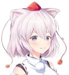  1girl :3 animal_ears artist_name blush detached_sleeves grin hair_between_eyes hat highres ildy inubashiri_momiji looking_at_viewer pink_eyes pom_pom_(clothes) portrait red_hat short_hair simple_background smile solo tassel tokin_hat touhou turtleneck white_background wolf_ears 
