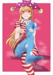  1girl american_flag_dress american_flag_legwear blonde_hair clownpiece dress facepaint feet hat heart highres jester_cap long_hair looking_at_viewer neck_ruff ninonini no_shoes pantyhose polka_dot red_eyes short_dress short_sleeves sitting solo star star_print touhou 