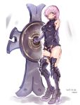  1girl armor armored_boots bare_shoulders boots breasts dated elbow_gloves fate/grand_order fate_(series) full_body gloves hair_over_one_eye high_heels leotard looking_at_viewer nyuu_(manekin-eko) purple_gloves purple_hair shield shielder_(fate/grand_order) short_hair solo violet_eyes 