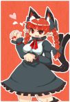  1girl :3 animal_ears bangs blunt_bangs braid cat_ears cat_tail dress extra_ears eyebrows_visible_through_hair fang green_dress juliet_sleeves kaenbyou_rin long_sleeves multiple_tails muuei paw_pose pointy_ears puffy_sleeves red_eyes redhead short_dress tail touhou twin_braids two_tails underbust 